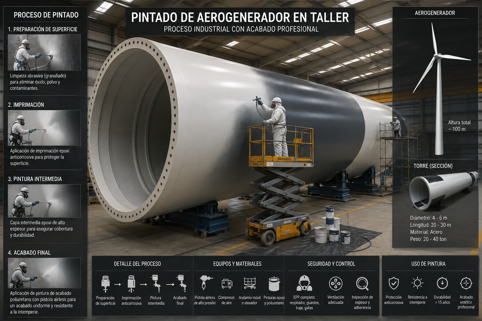 Operario aplicando pintura de protección sobre una sección de torre de aerogenerador en interior de taller, imagen de referencia técnica